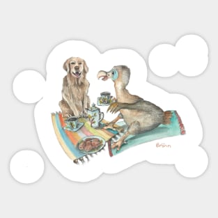 Dodo and dog tea party mug teeshirt, card, sticker apparel Sticker